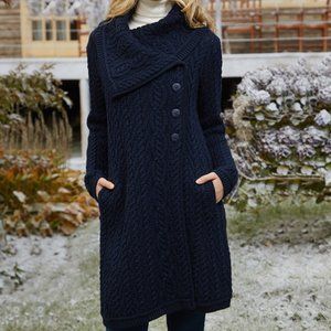 Aran Crafts Ireland large collar aran coat wool cable knit navy women's size XS